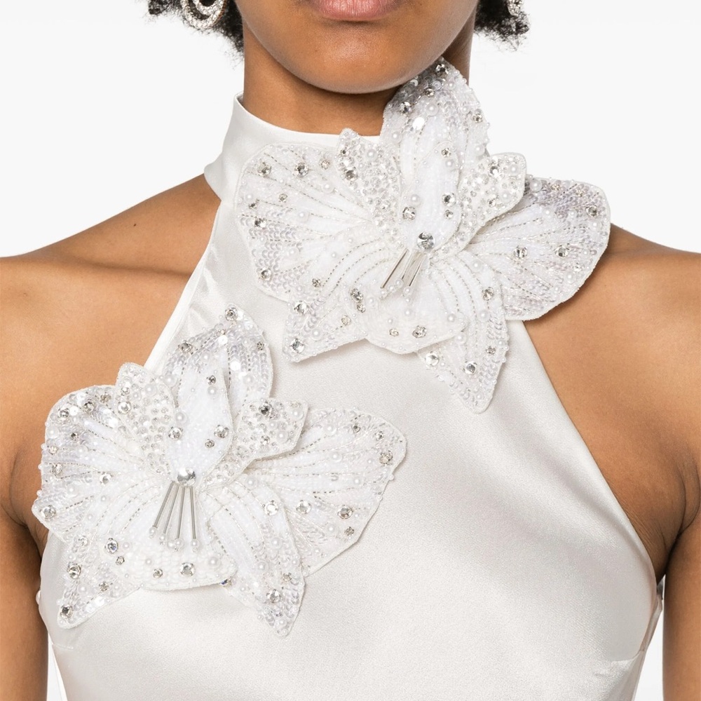 AMEN Floral appliqué satin dress